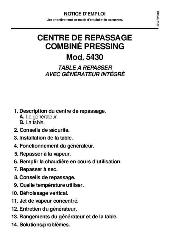 Guide utilisation  CALOR REPASSAGE CENTRALES VAPEUR COMBINE PRESSING 5430  de la marque CALOR