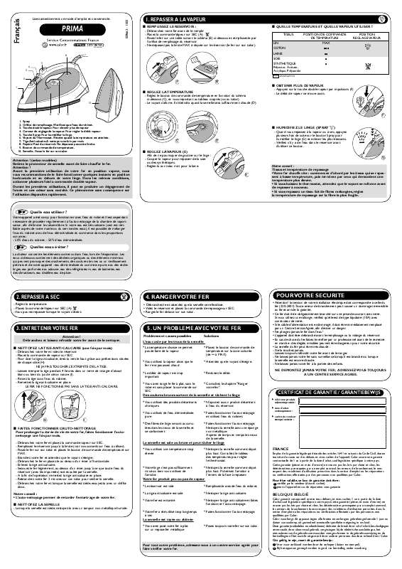Guide utilisation  CALOR REPASSAGE FERS PRIMA FV2010  de la marque CALOR