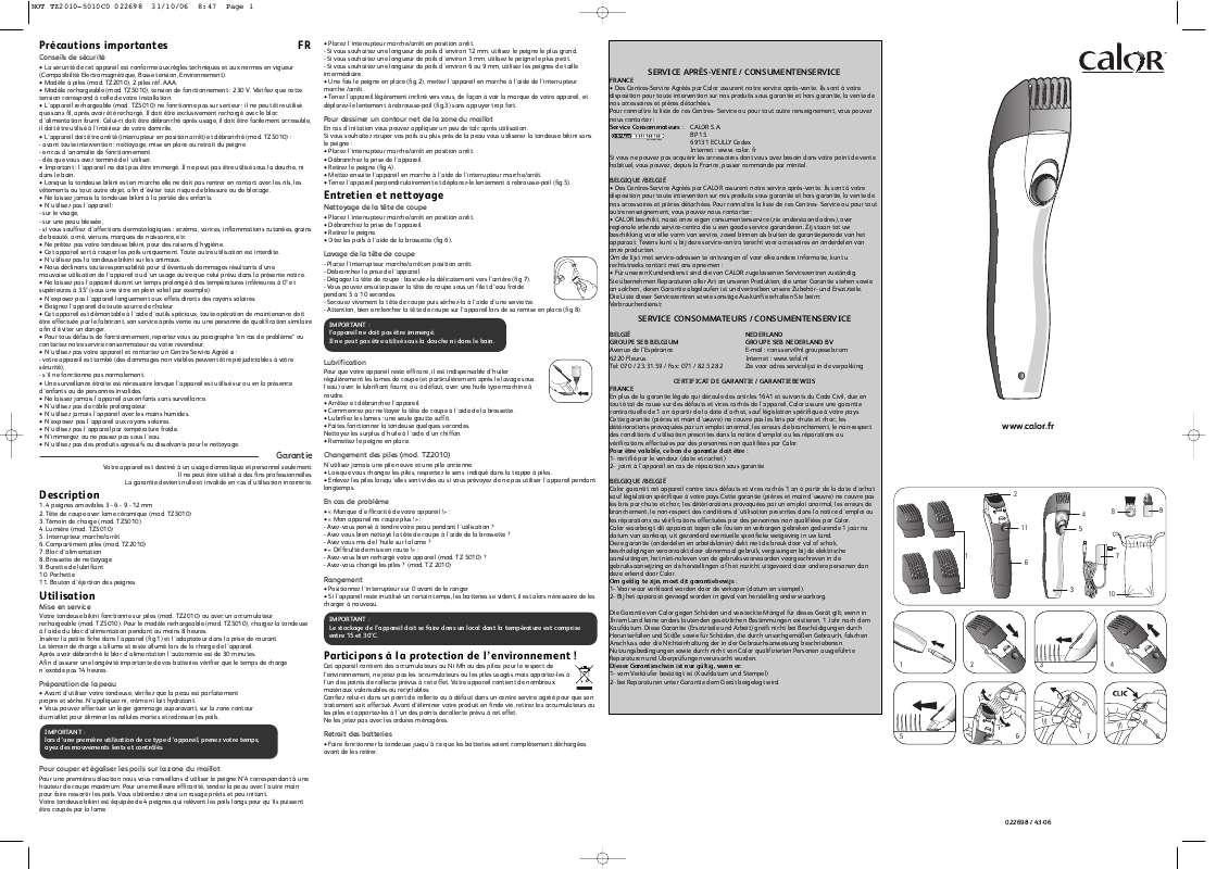 Guide utilisation  CALOR TZ 2010  de la marque CALOR
