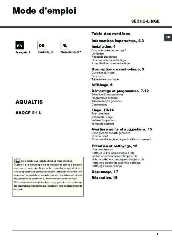 Guide utilisation ARISTON AAQCF 81 U  de la marque ARISTON