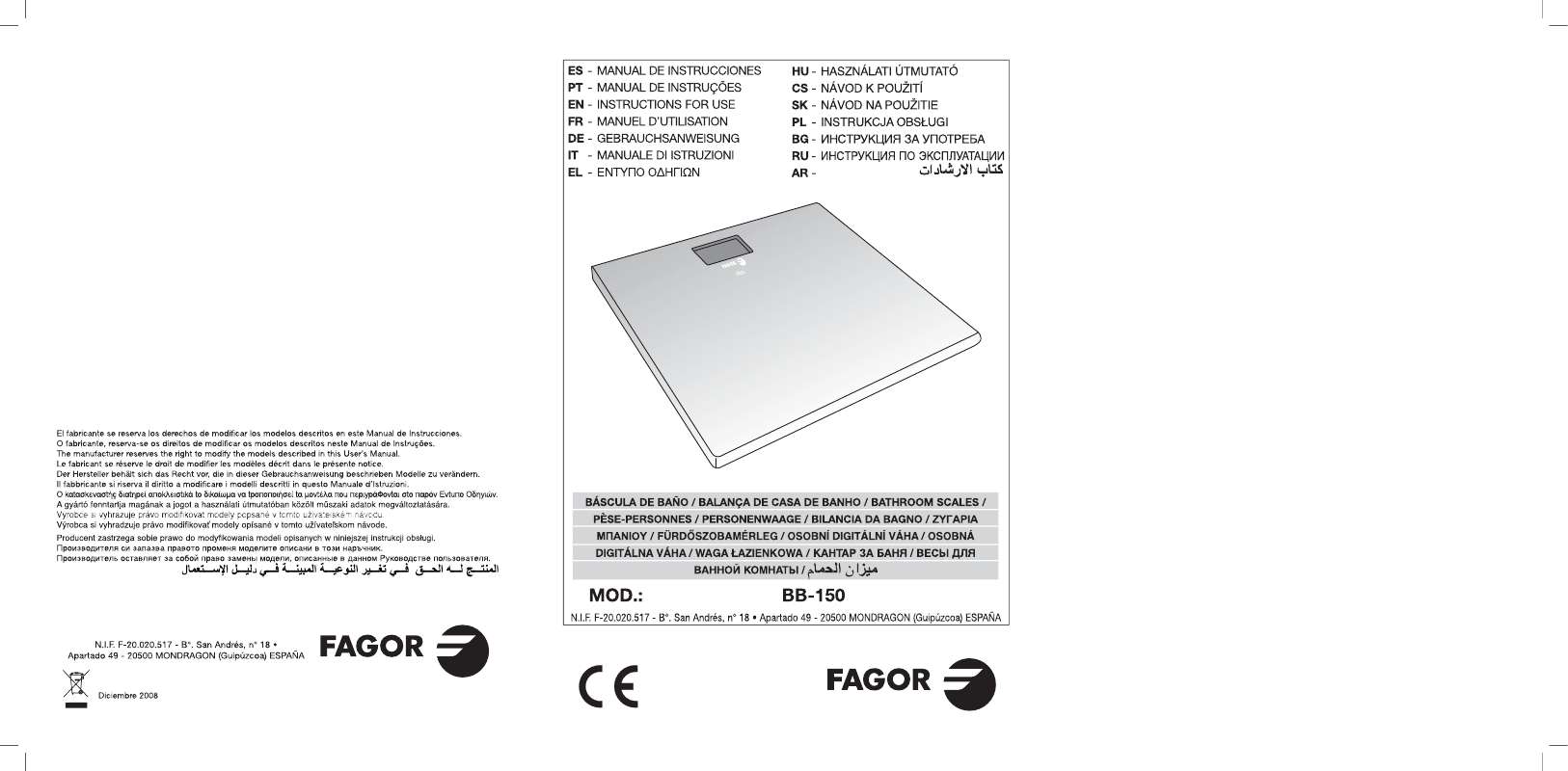 Guide utilisation  FAGOR BB-150  de la marque FAGOR