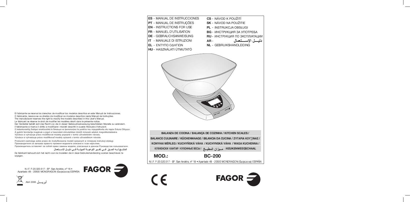 Guide utilisation  FAGOR BC-200  de la marque FAGOR