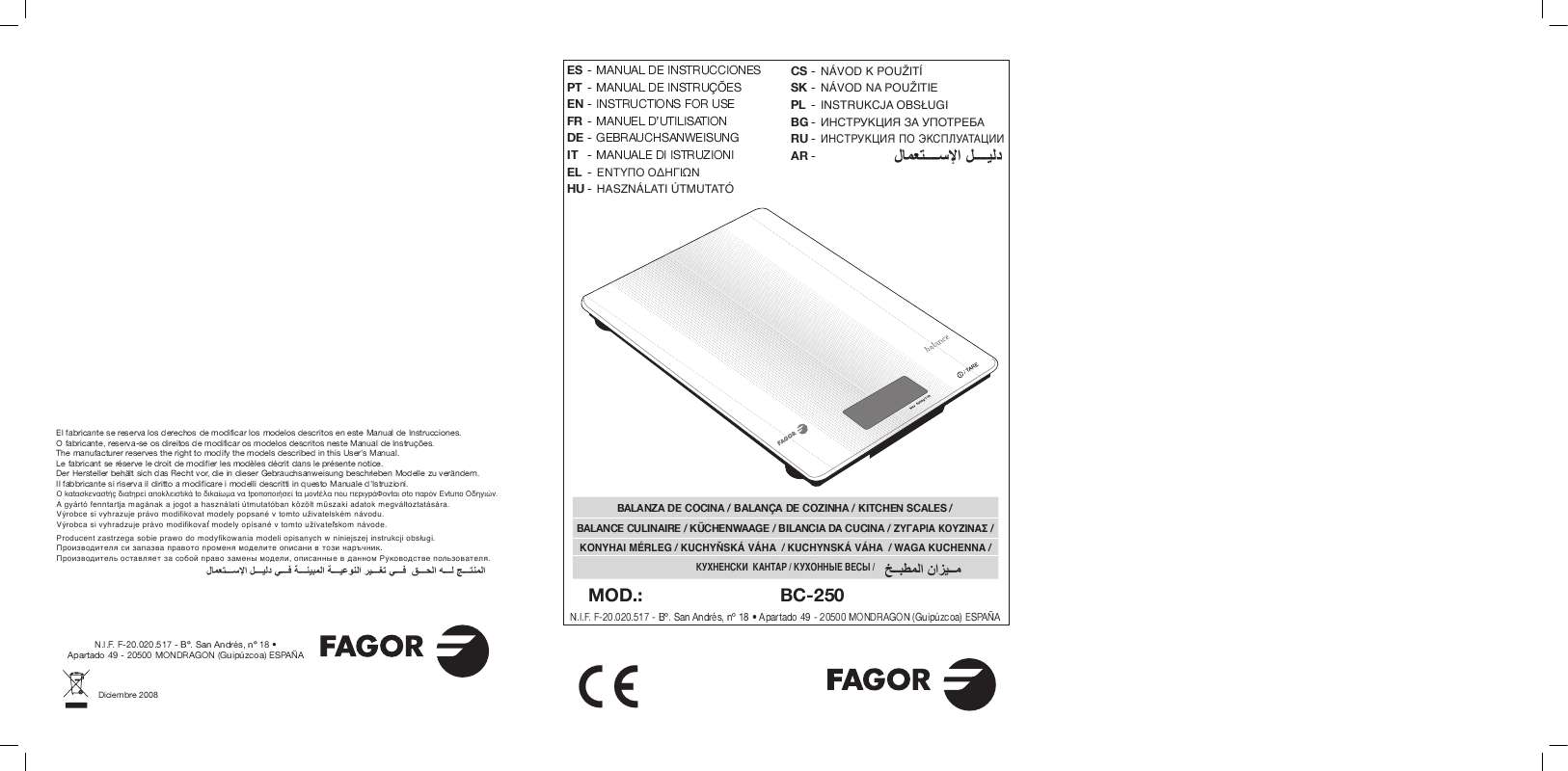 Guide utilisation  FAGOR BC-250  de la marque FAGOR