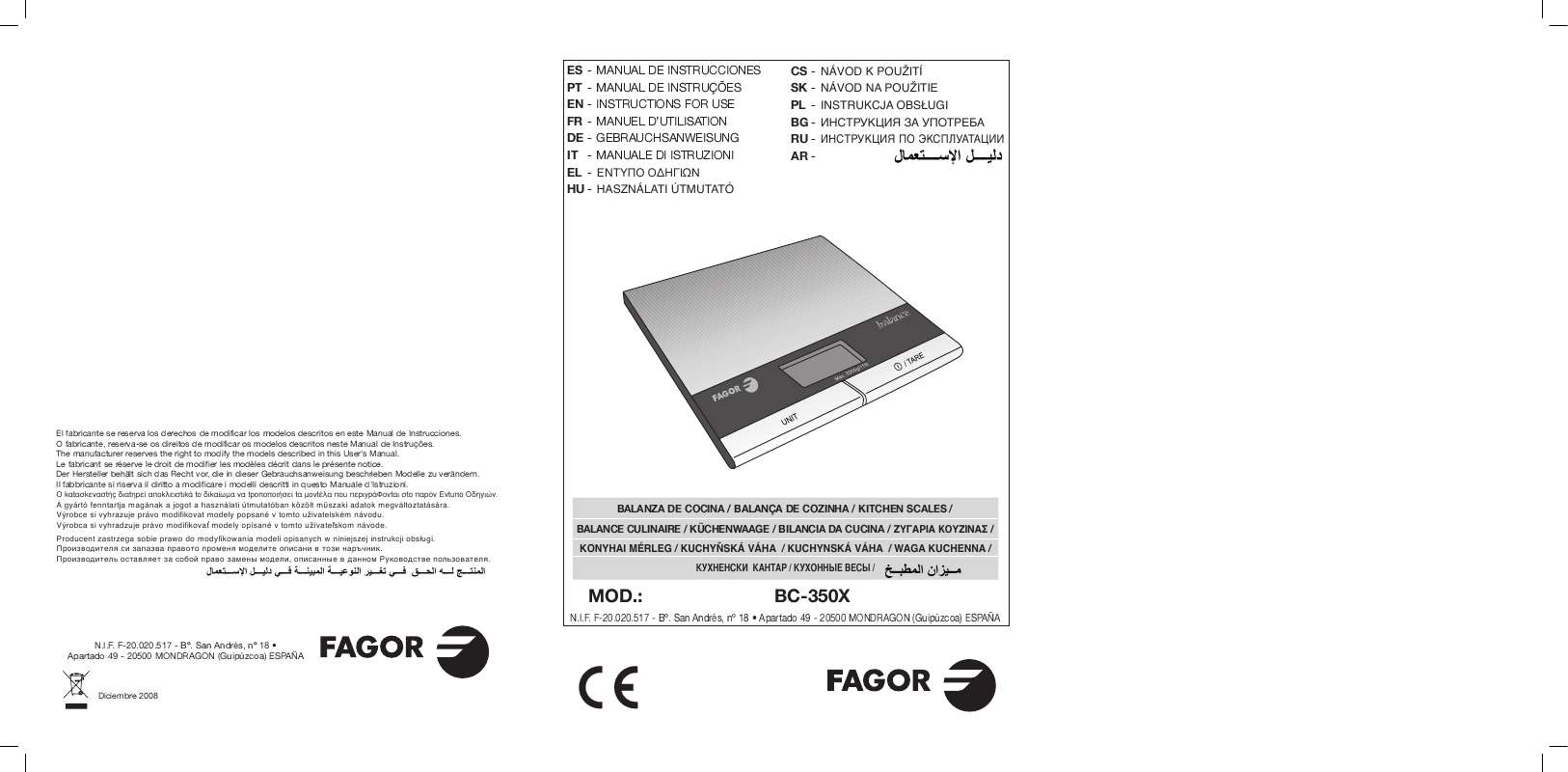 Guide utilisation  FAGOR BC-350 X  de la marque FAGOR
