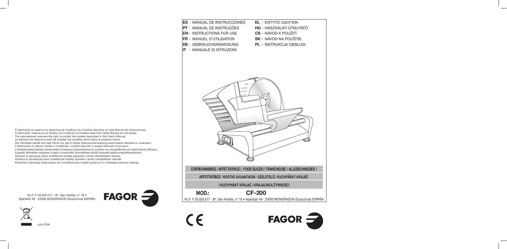 Guide utilisation  FAGOR CF-200  de la marque FAGOR