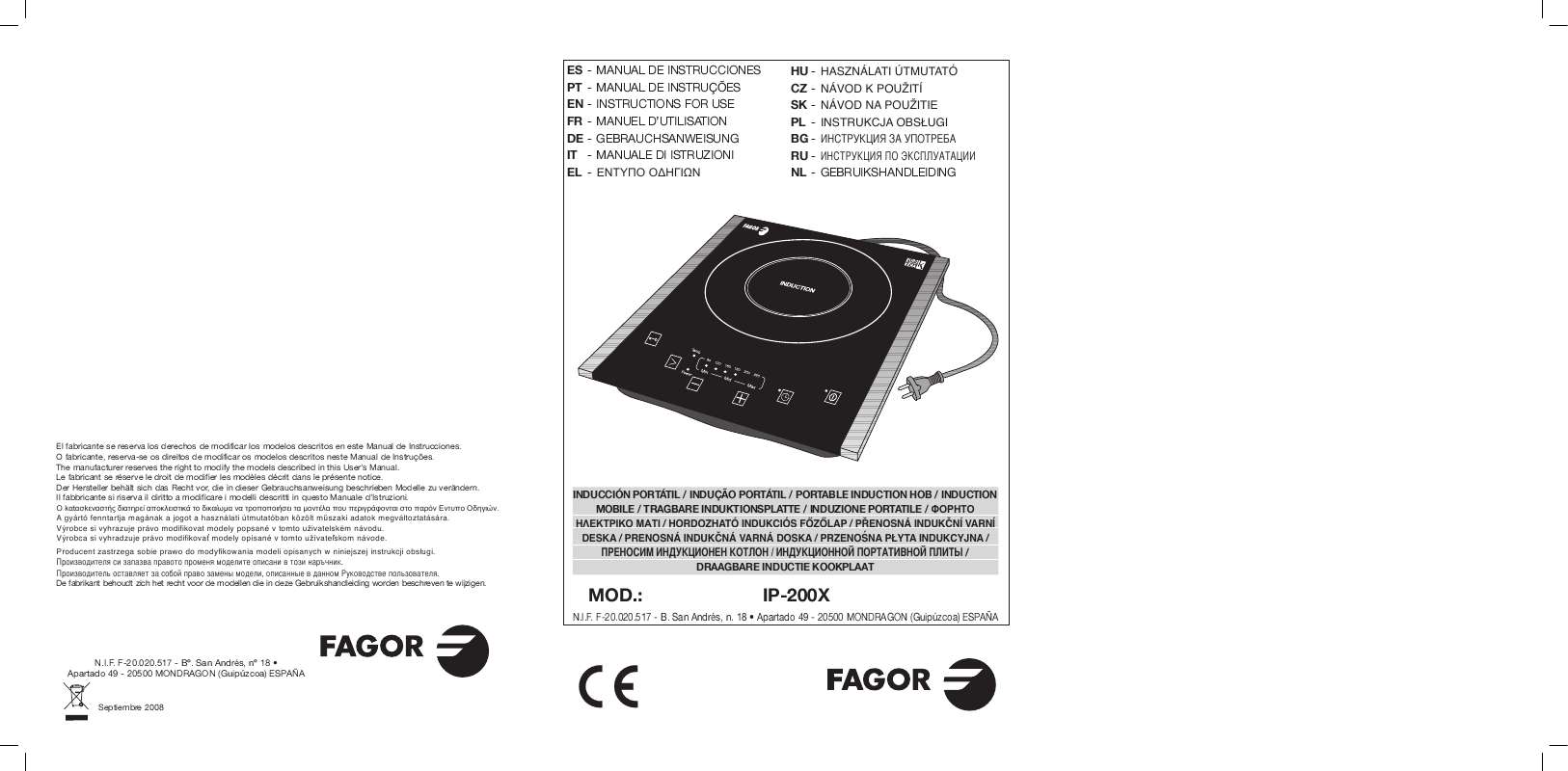 Guide utilisation  FAGOR IP-200X  de la marque FAGOR
