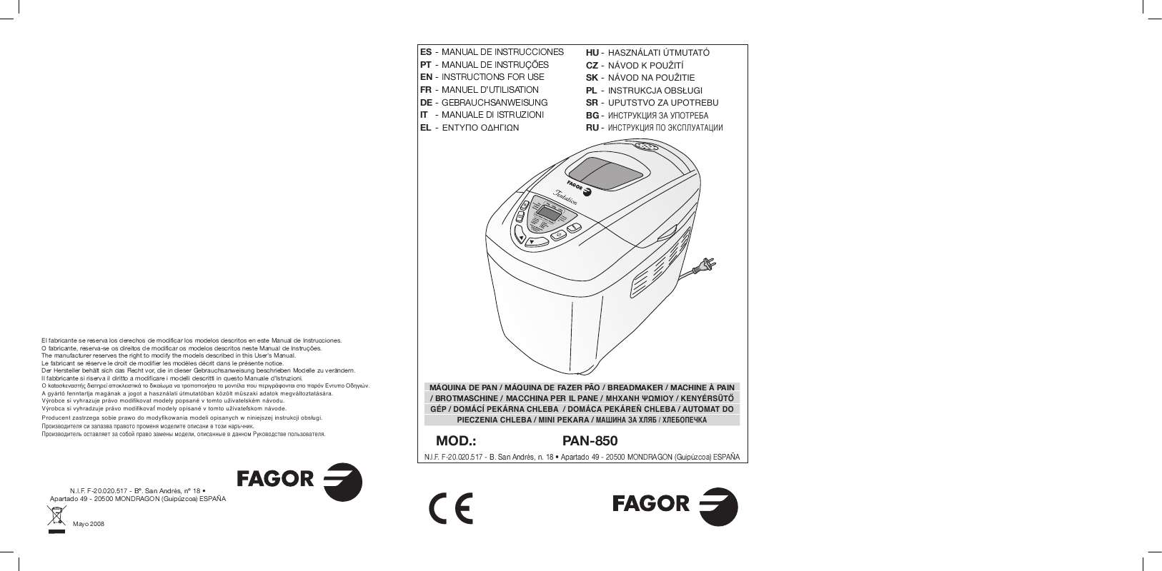 Guide utilisation FAGOR PAN-850 de la marque FAGOR