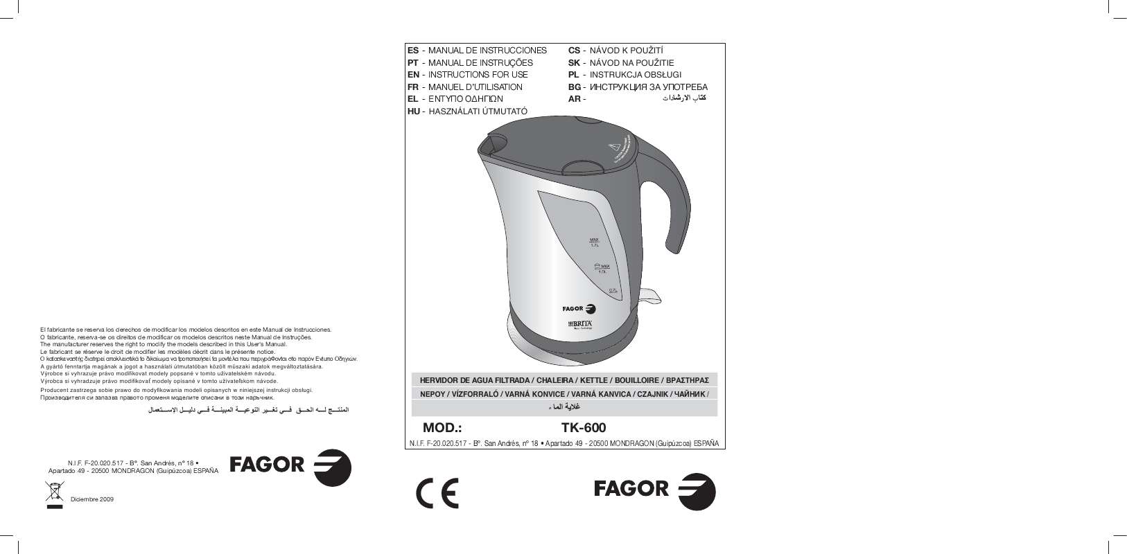 Guide utilisation  FAGOR TK-600  de la marque FAGOR