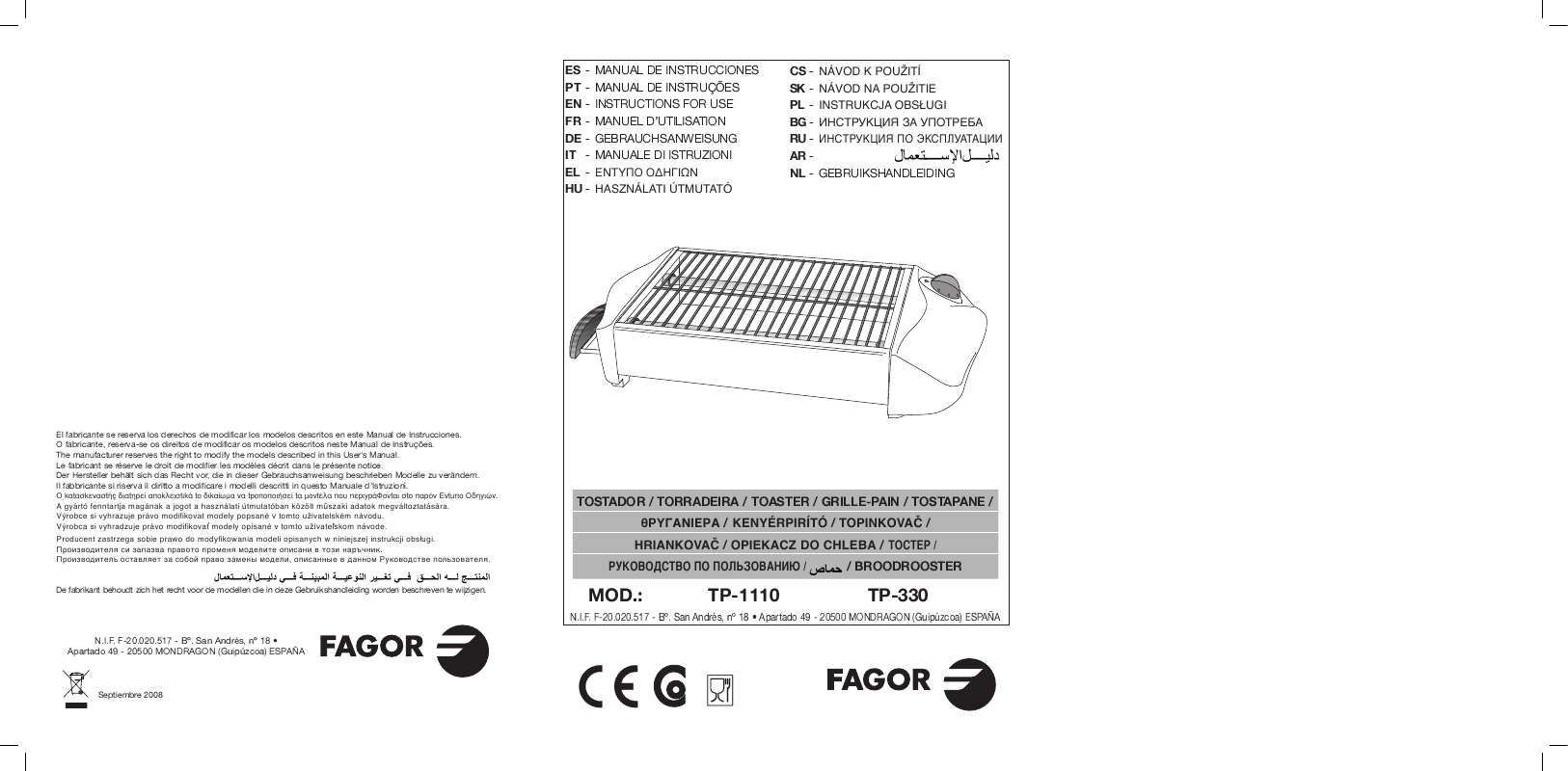 Guide utilisation  FAGOR TP-1110  de la marque FAGOR