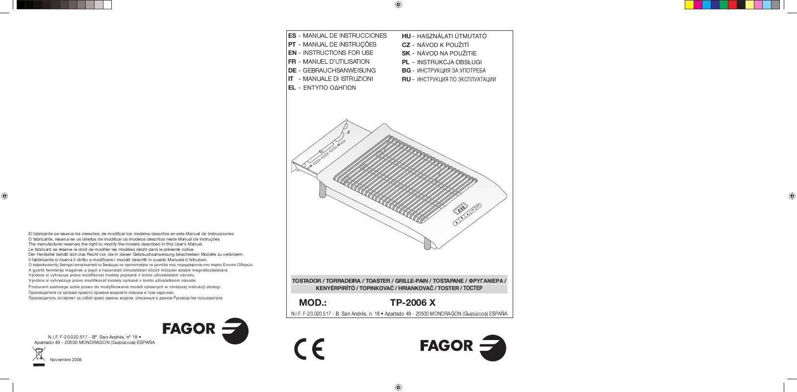 Guide utilisation  FAGOR TP-2006X  de la marque FAGOR