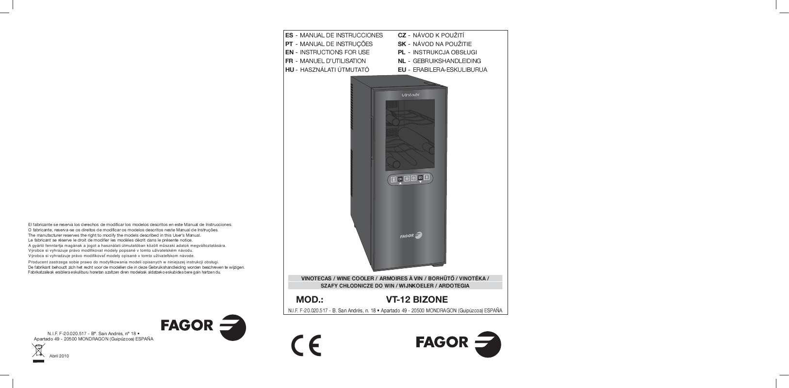 Guide utilisation  FAGOR VT-12 BIZONE  de la marque FAGOR