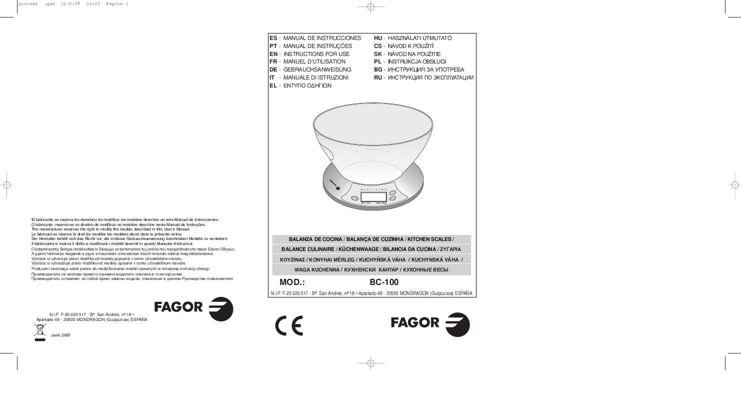 Guide utilisation  FAGOR BC-100  de la marque FAGOR