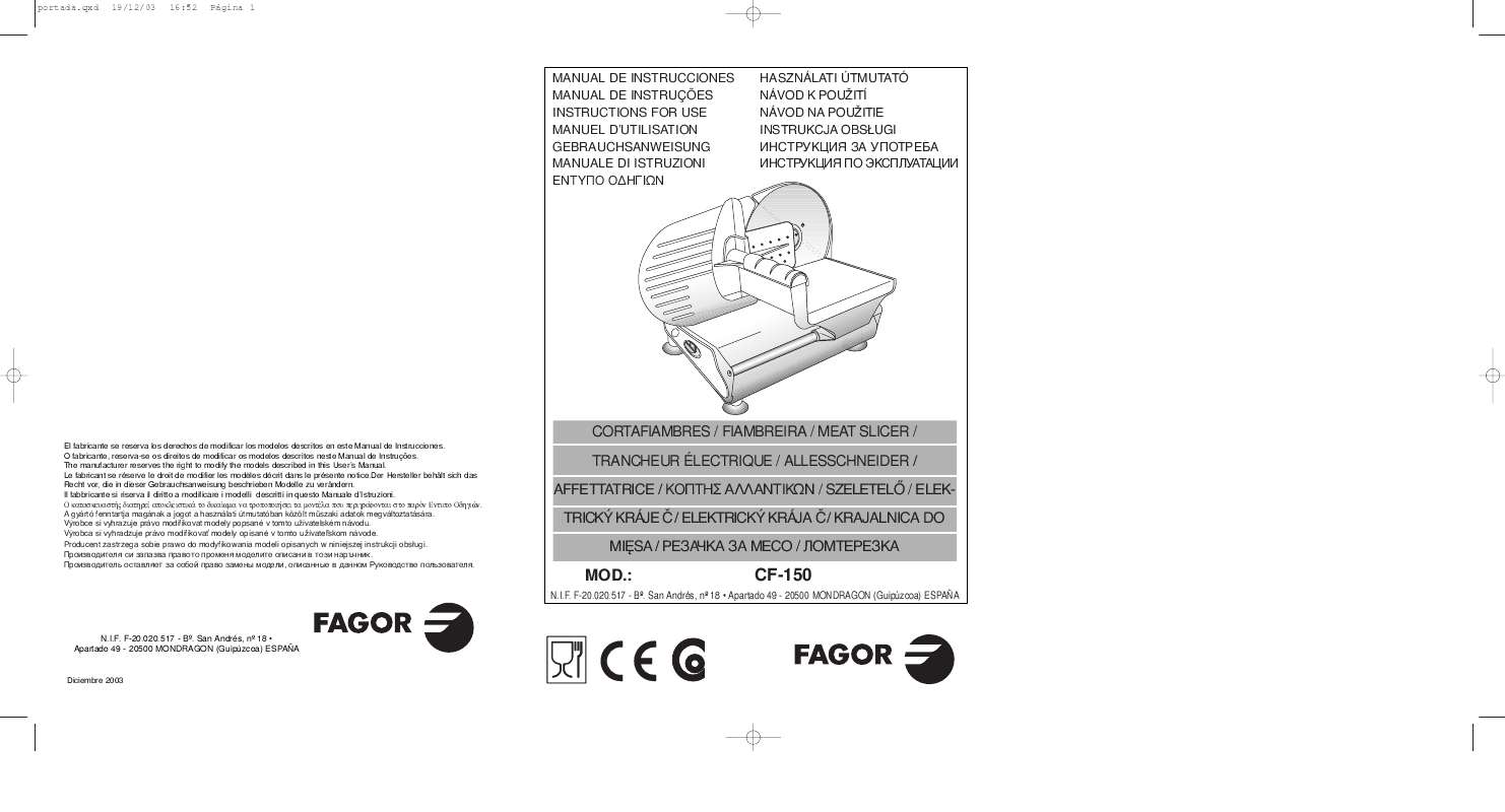 Guide utilisation  FAGOR CF-150  de la marque FAGOR
