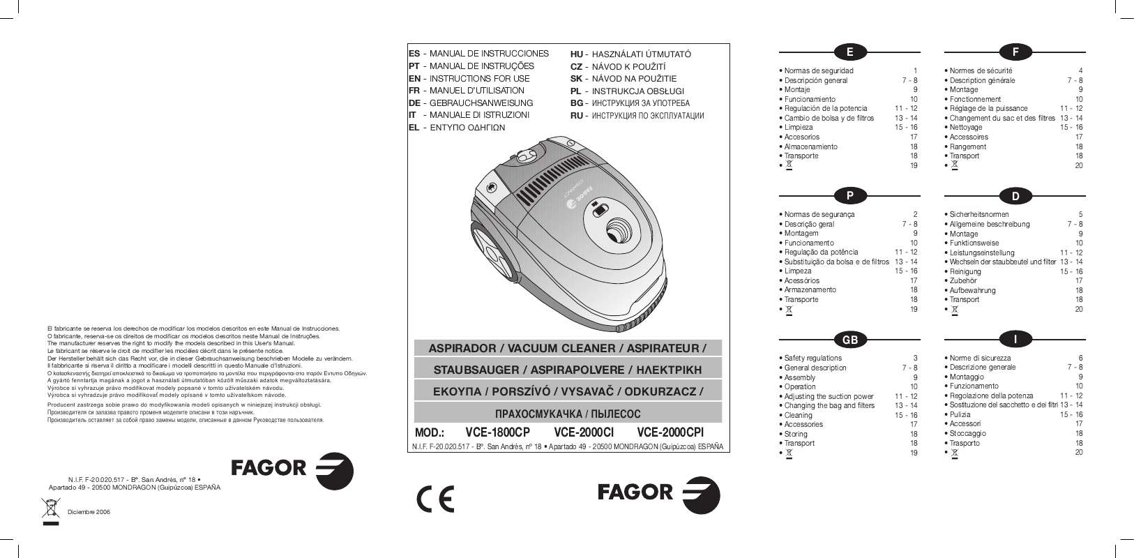 Guide utilisation  FAGOR VCE-1800CP  de la marque FAGOR
