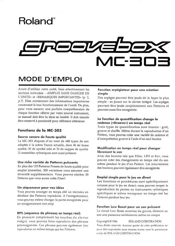 Guide utilisation  ROLAND GROOVEBOX MC-303  de la marque ROLAND
