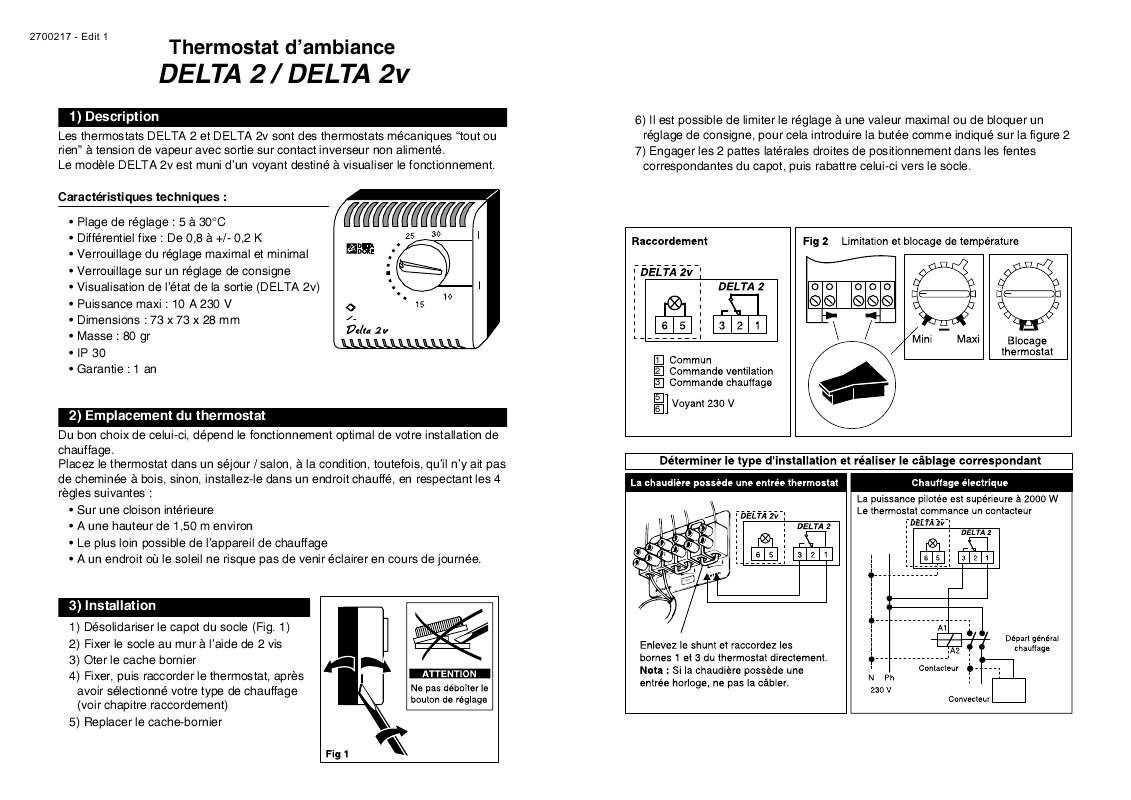 Guide utilisation DELTA DORE THERMOSTAT D AMBIANCE DELAT 2V  de la marque DELTA DORE