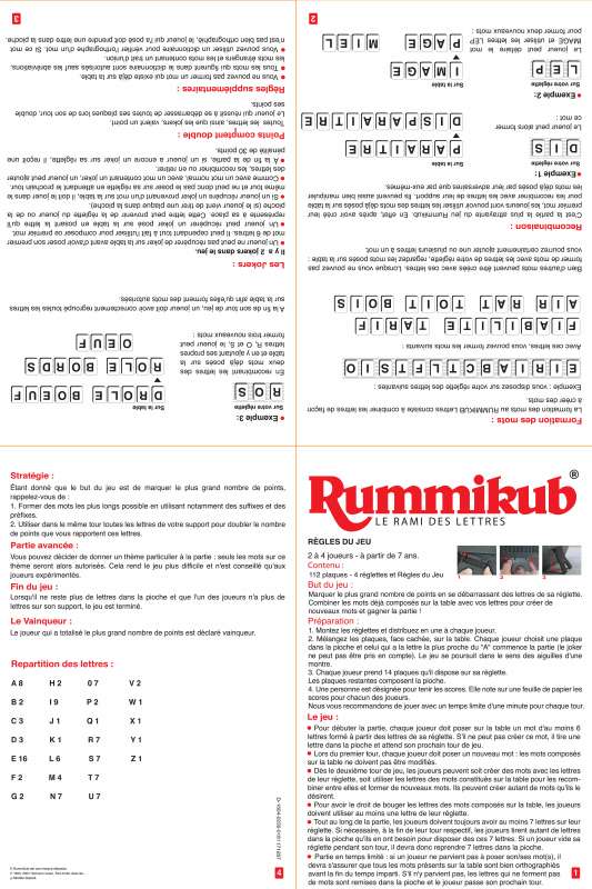 Notice d'utilisation - HASBRO RUMMIKUB LETTRES 2008 - HASBRO