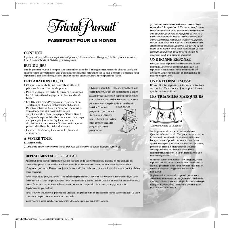 Guide utilisation HASBRO TRIVIAL PURSUIT PASSEPORT POUR LE MONDE  de la marque HASBRO