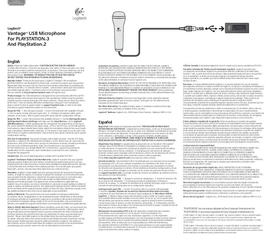 Guide utilisation  LOGITECH VANTAGE USB MICROPHONE FOR PLAYSTATION 2 & PLAYSTATION 3  de la marque LOGITECH