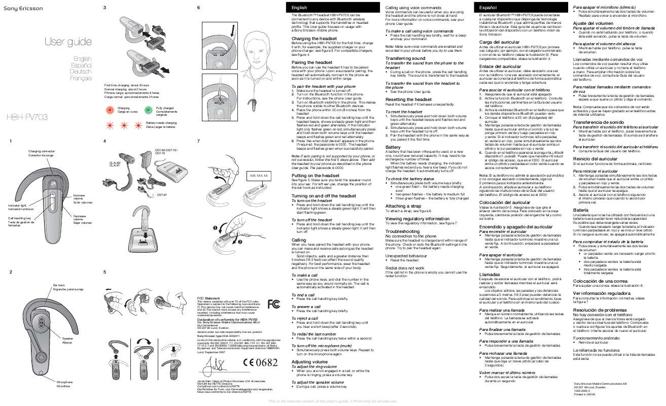 Guide utilisation SONY ERICSSON HBH-PV703  de la marque SONY ERICSSON