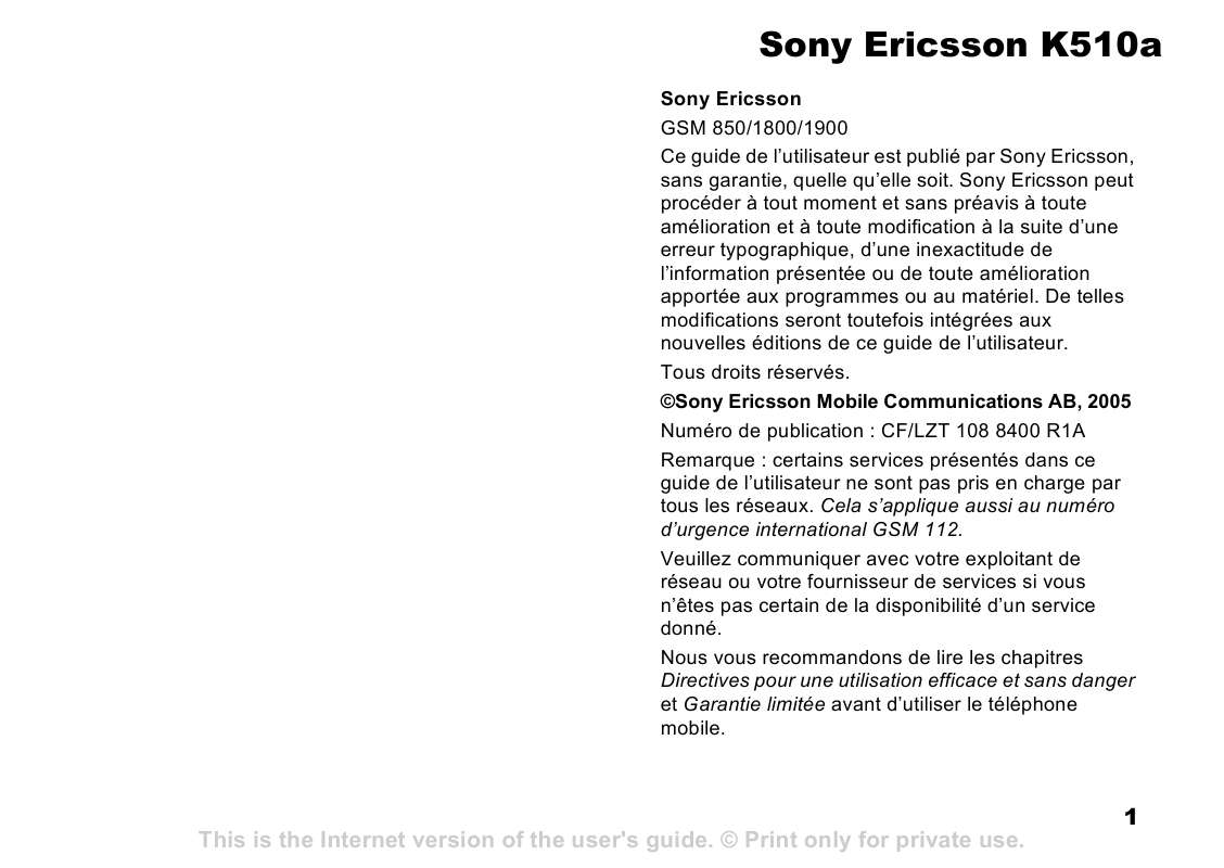 Guide utilisation SONY ERICSSON K510A  de la marque SONY ERICSSON