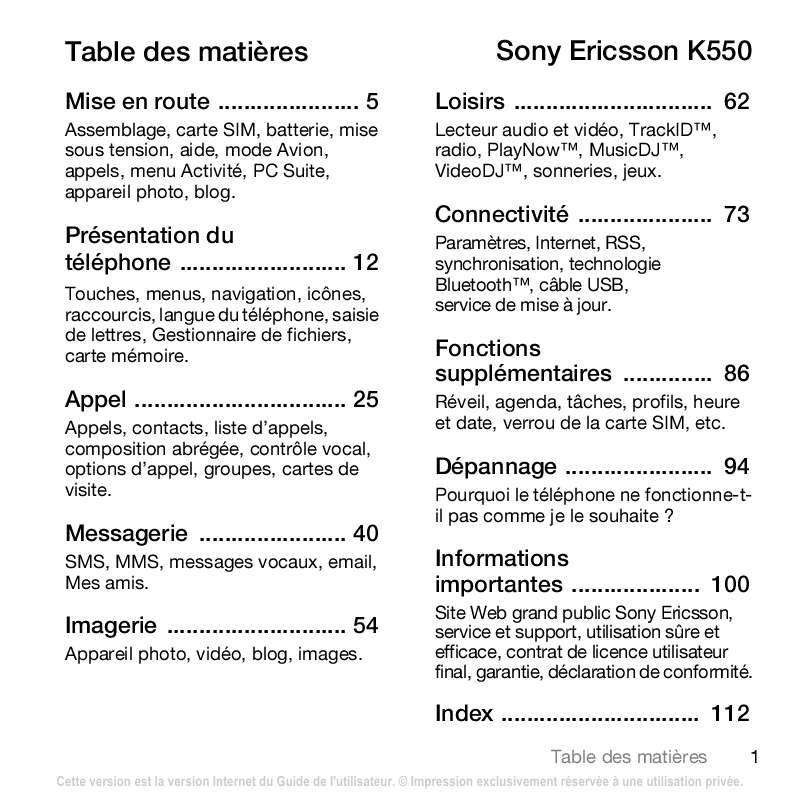 Guide utilisation SONY ERICSSON K550  de la marque SONY ERICSSON