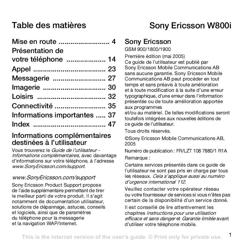 Guide utilisation SONY ERICSSON W800I  de la marque SONY ERICSSON