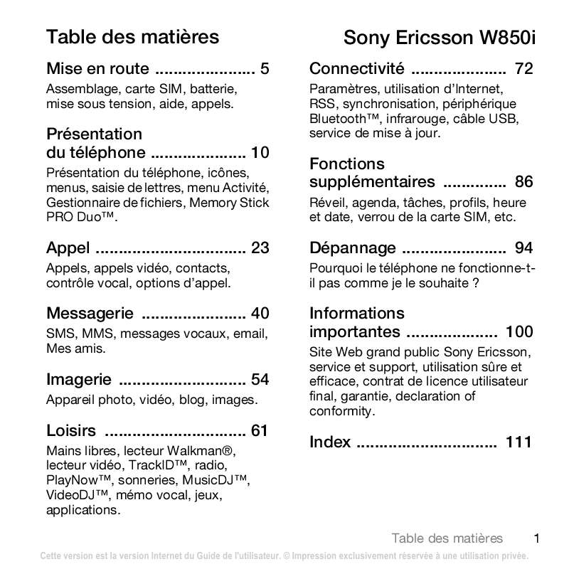 Guide utilisation SONY ERICSSON W850I  de la marque SONY ERICSSON