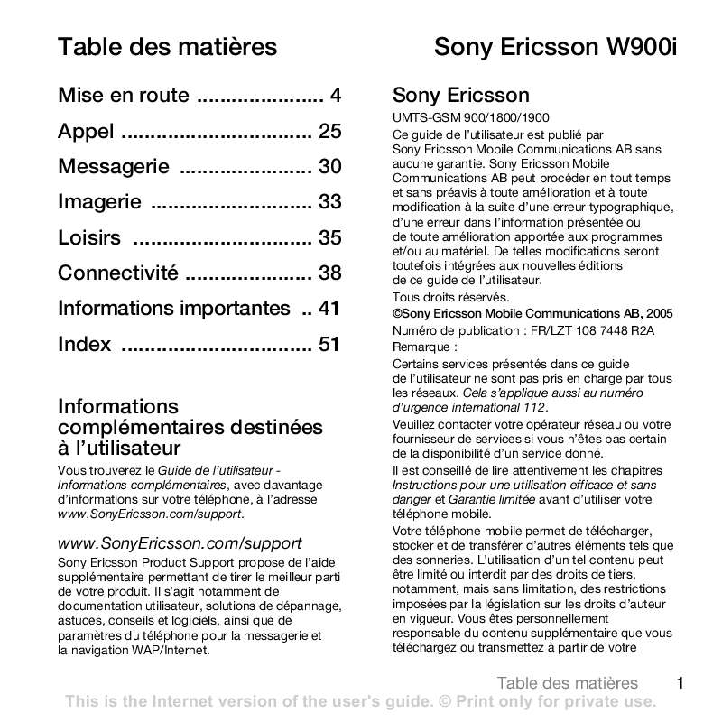 Guide utilisation SONY ERICSSON W900I  de la marque SONY ERICSSON