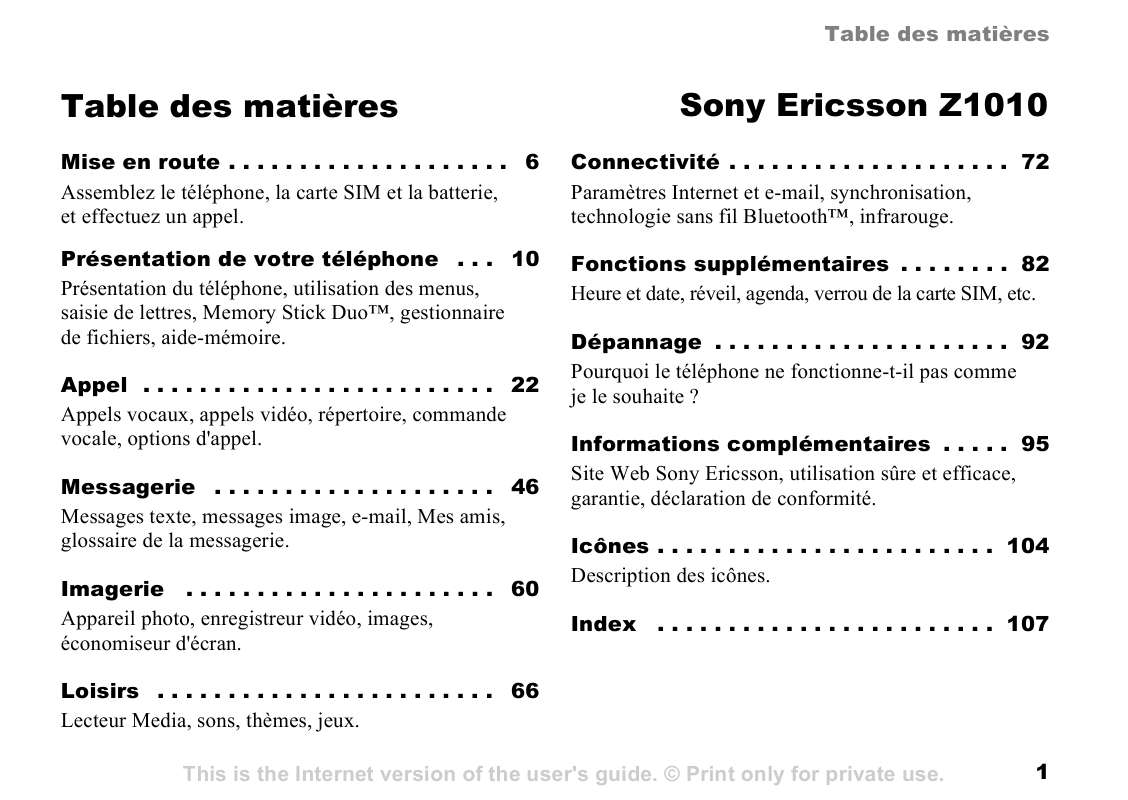 Guide utilisation SONY ERICSSON Z1010  de la marque SONY ERICSSON