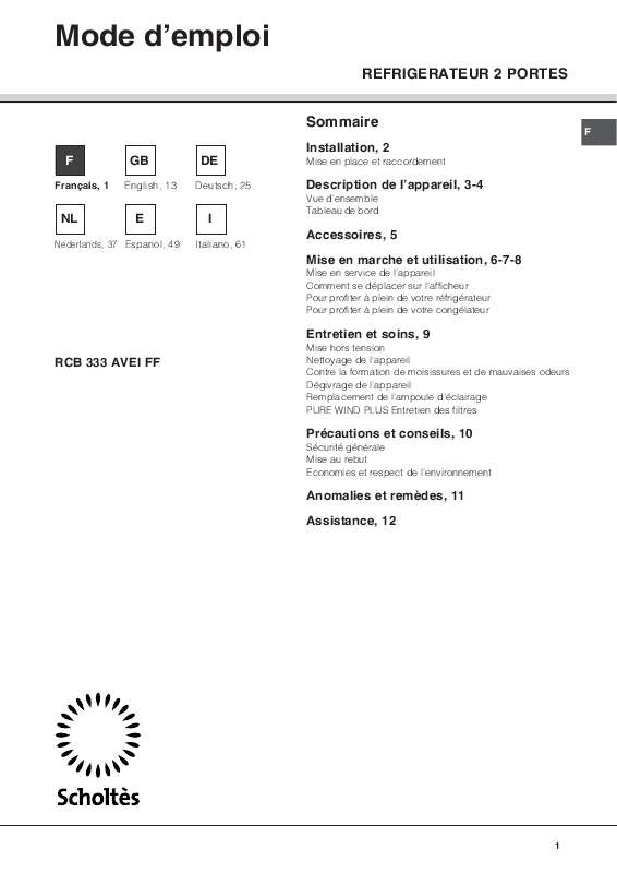 Guide utilisation SCHOLTES RCB 333 AVEI FF  de la marque SCHOLTES