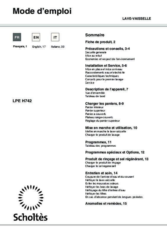 Guide utilisation  SCHOLTES LPE H742 X  de la marque SCHOLTES