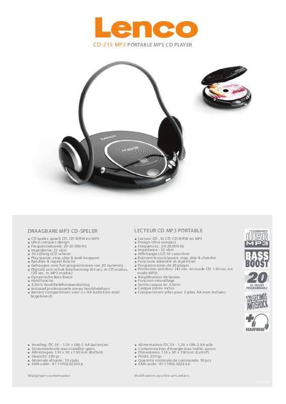 Guide utilisation  LENCO CD-215 MP3  de la marque LENCO