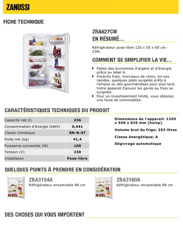 Guide utilisation  ZANUSSI ZRA627CW  de la marque ZANUSSI