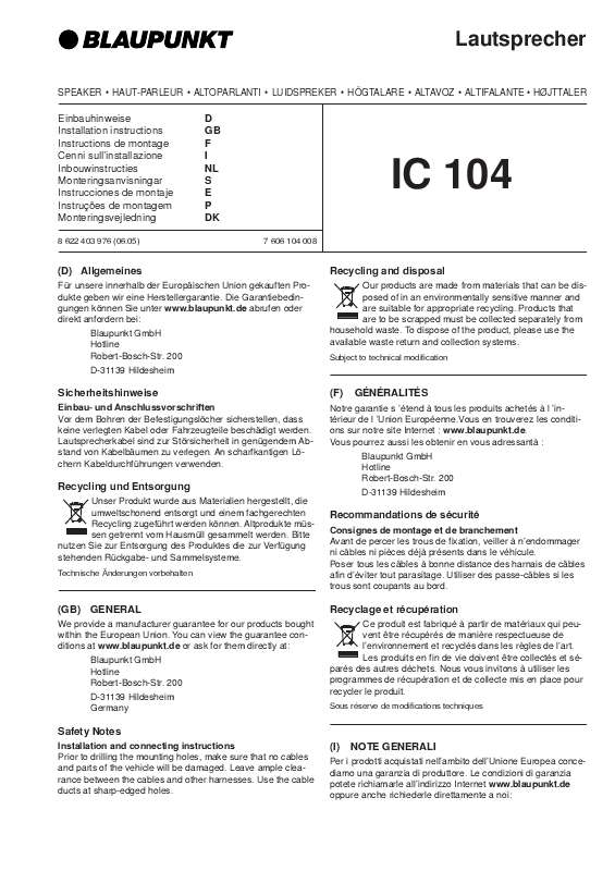 Guide utilisation BLAUPUNKT IC 104  de la marque BLAUPUNKT