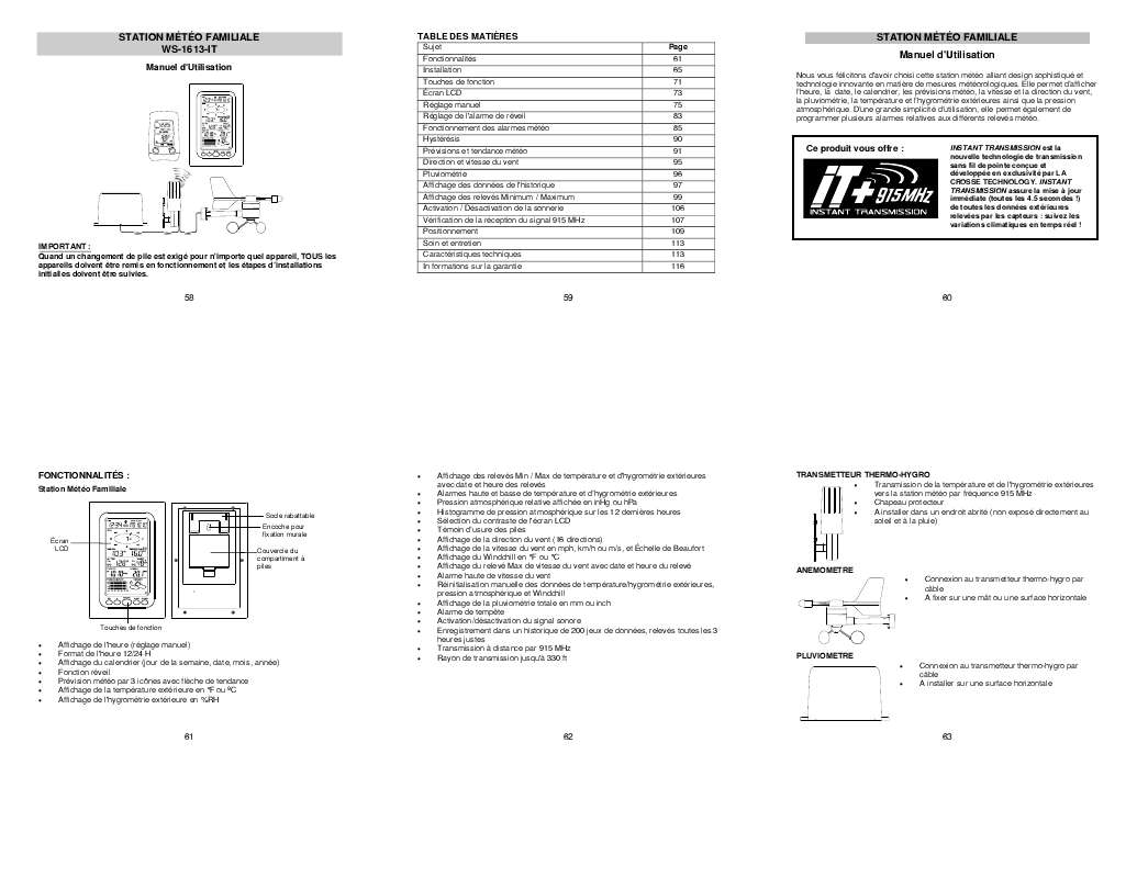 Guide utilisation  LA CROSSE TECHNOLOGY WS 1613-ITC  de la marque LA CROSSE TECHNOLOGY