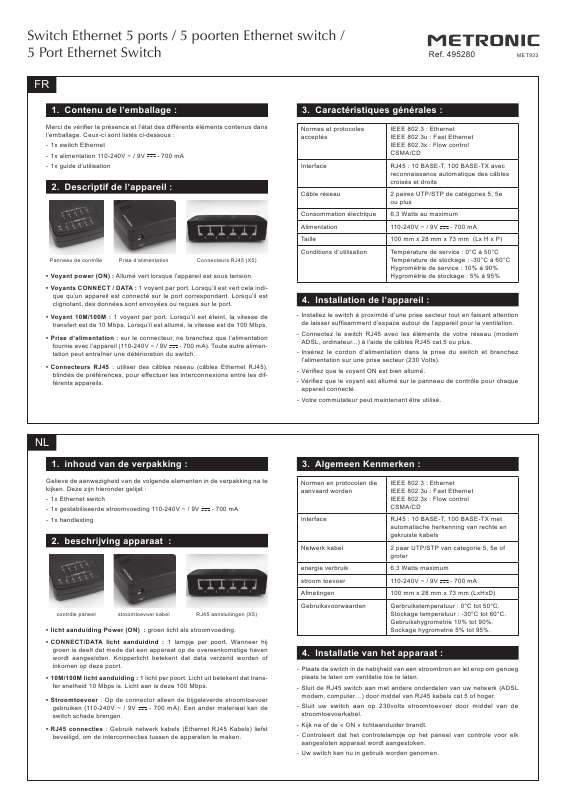 Guide utilisation  METRONIC SWITCH ETHERNET RJ45  de la marque METRONIC