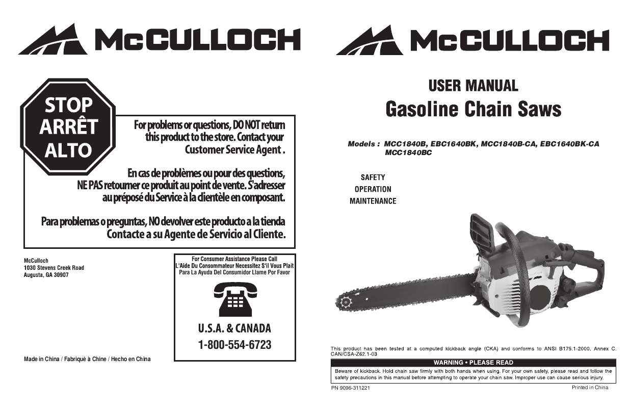 Guide utilisation  MCCULLOCH MCC1840B  de la marque MCCULLOCH