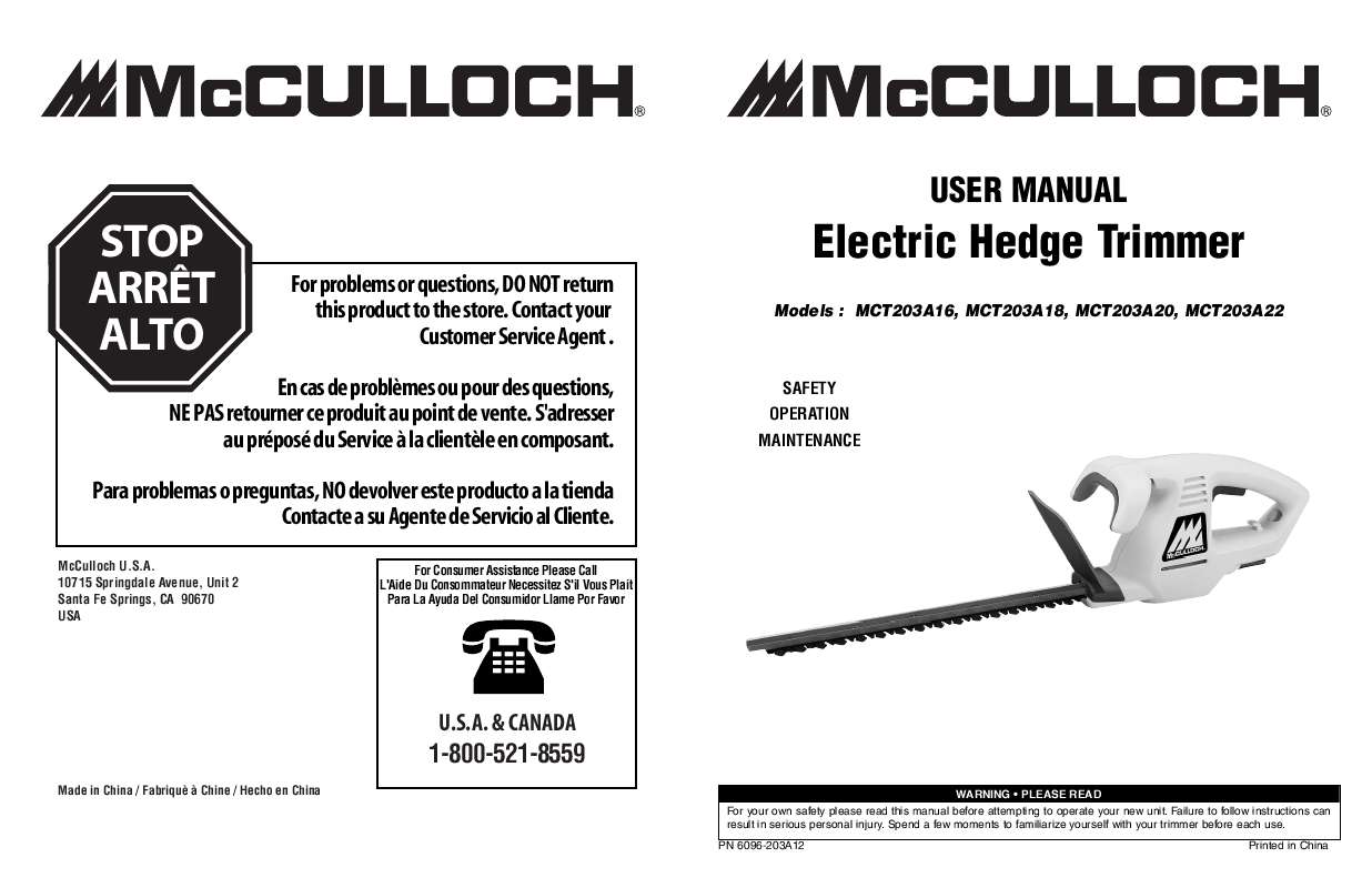 Guide utilisation  MCCULLOCH MCT203A16  de la marque MCCULLOCH