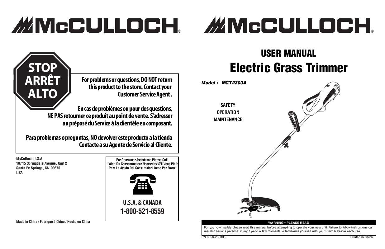Guide utilisation  MCCULLOCH MCT2303A  de la marque MCCULLOCH