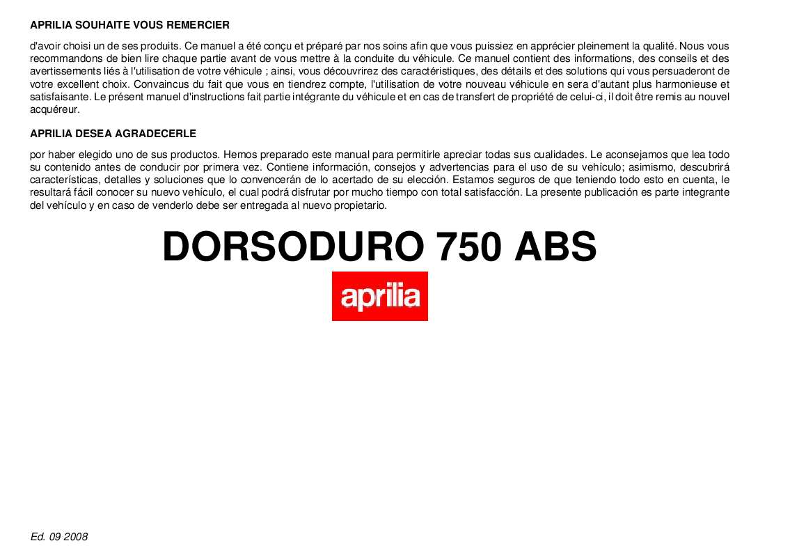 Guide utilisation APRILIA DORSODURO 750 ABS  de la marque APRILIA