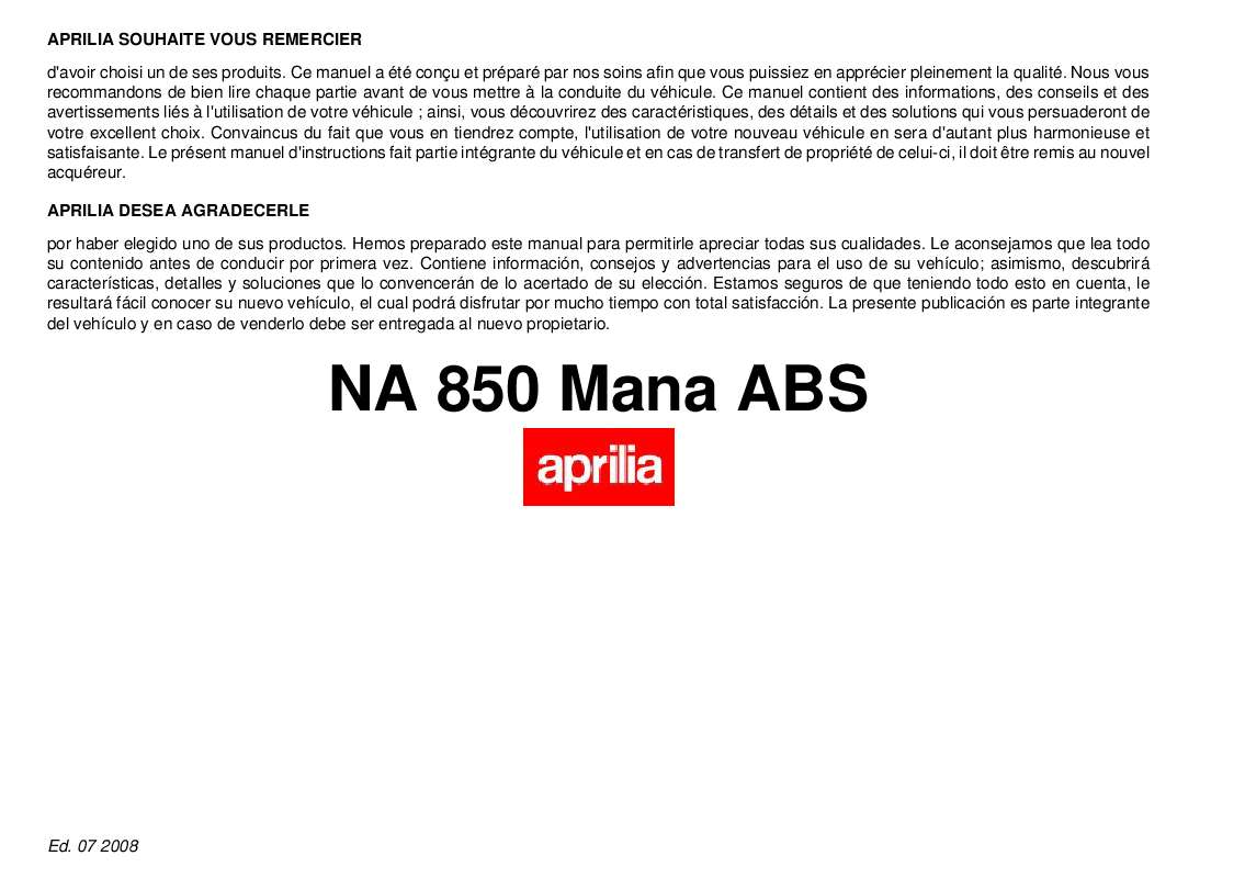 Guide utilisation APRILIA MANA 850 ABS  de la marque APRILIA