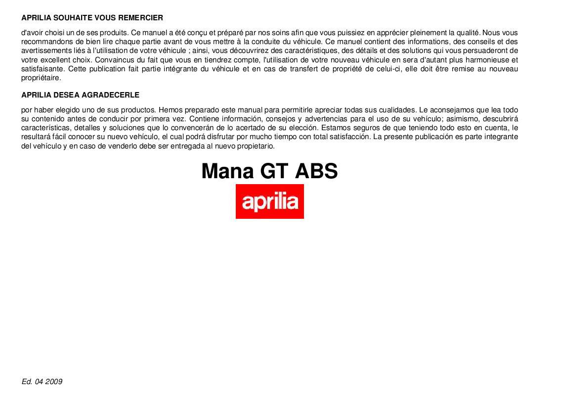Guide utilisation APRILIA MANA 850 GT ABS  de la marque APRILIA