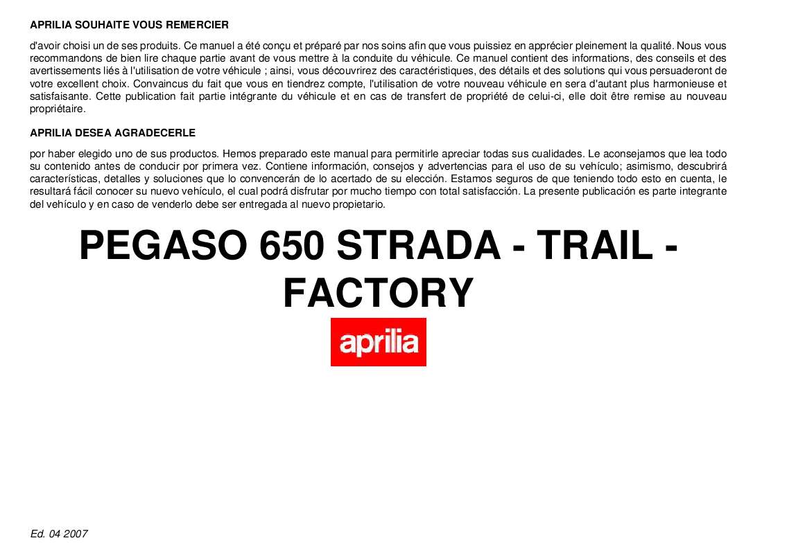 Guide utilisation APRILIA PEGASO 650 FACTORY  de la marque APRILIA