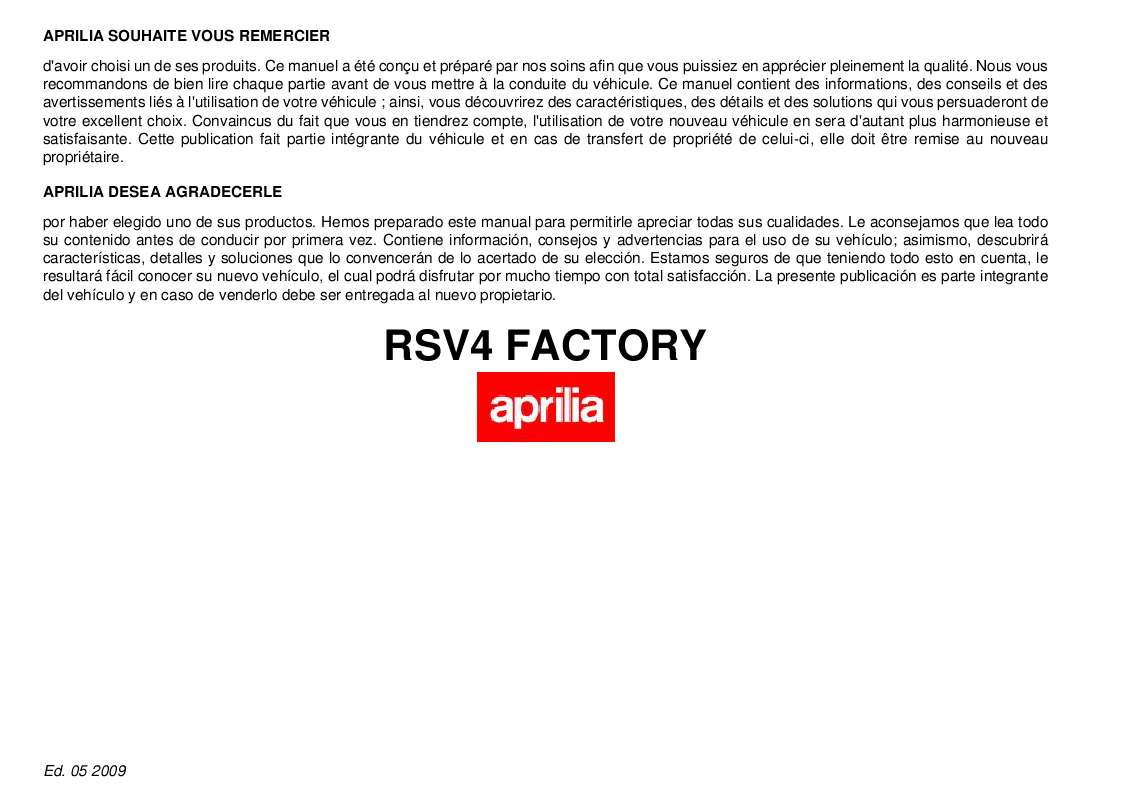 Guide utilisation APRILIA RSV4 FACTORY  de la marque APRILIA