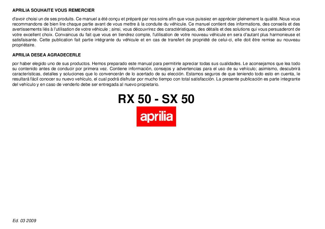 Guide utilisation APRILIA RX 50  de la marque APRILIA