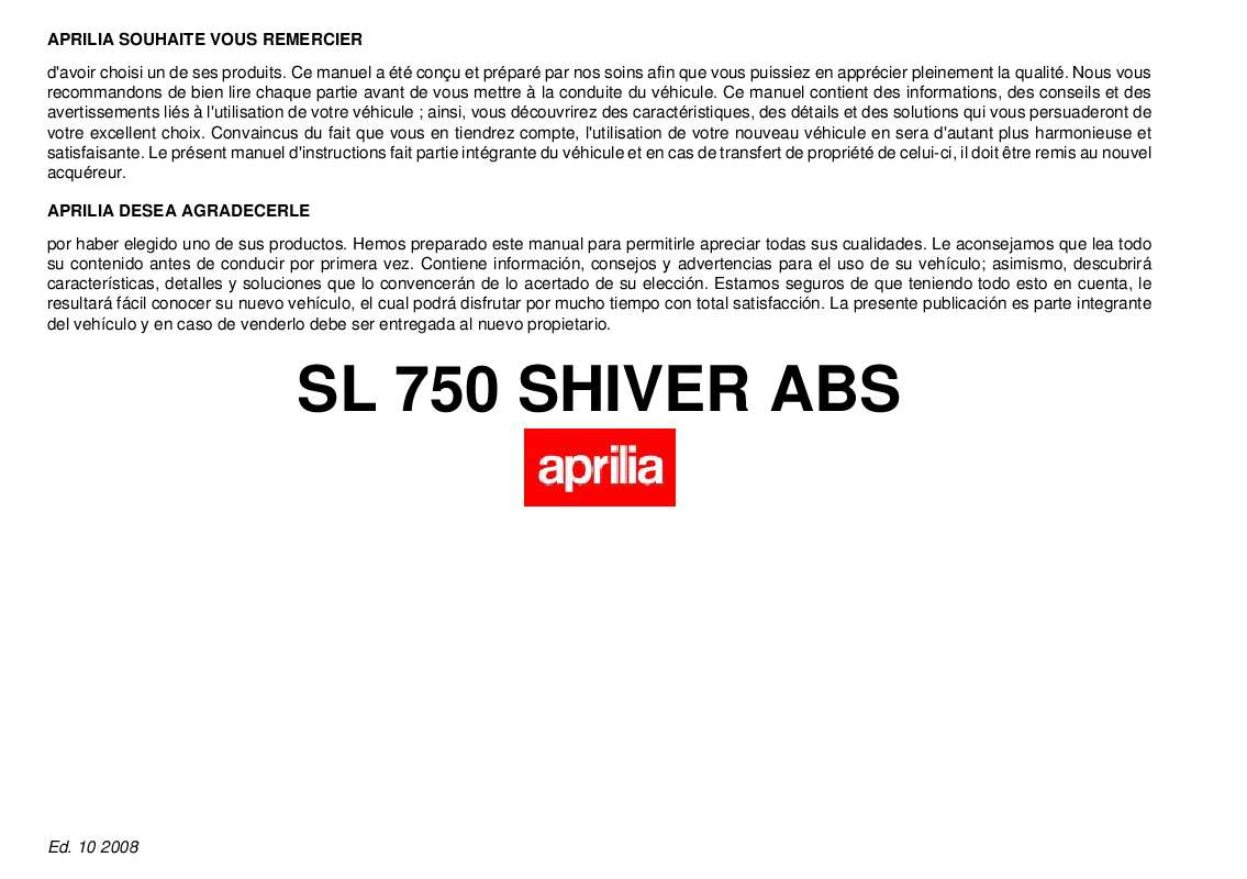Guide utilisation APRILIA SHIVER 750 ABS  de la marque APRILIA