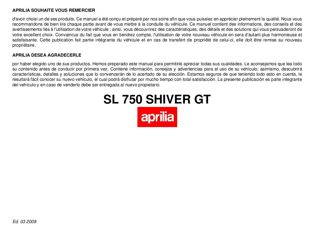 Guide utilisation APRILIA SHIVER 750 GT  de la marque APRILIA