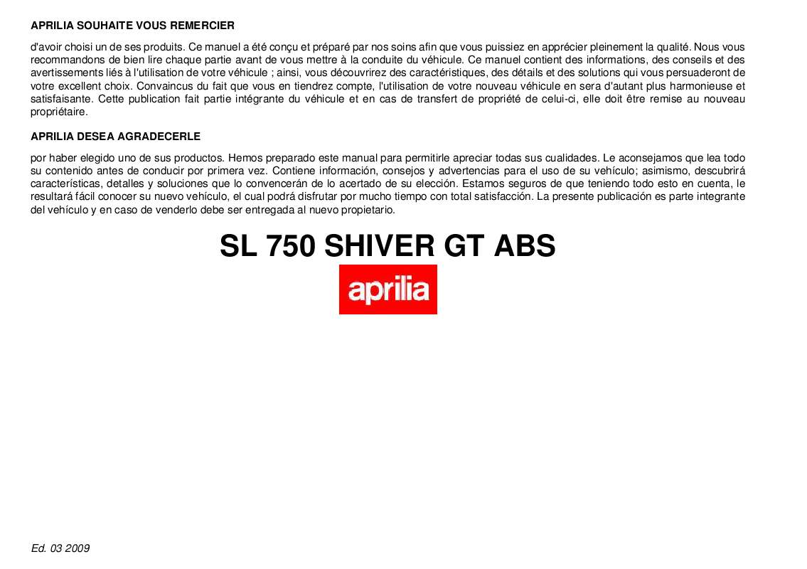 Guide utilisation APRILIA SHIVER 750 GT ABS  de la marque APRILIA