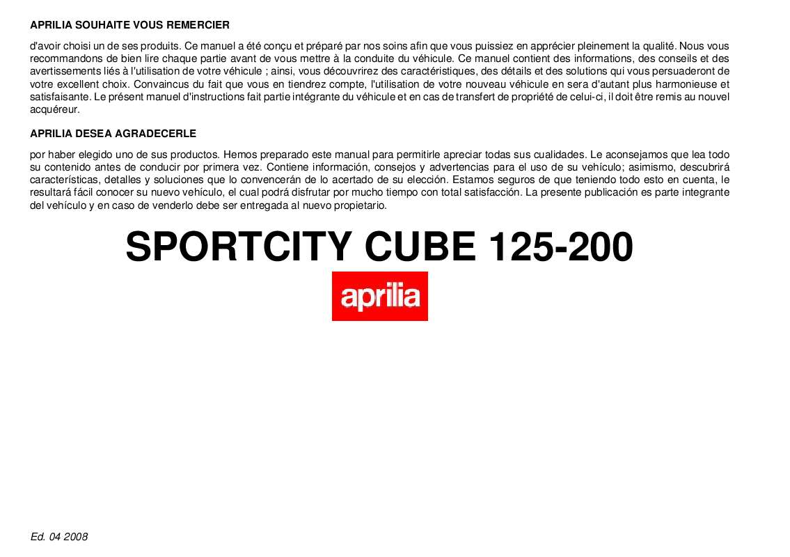 Guide utilisation APRILIA SPORTCITY CUBE 125  de la marque APRILIA